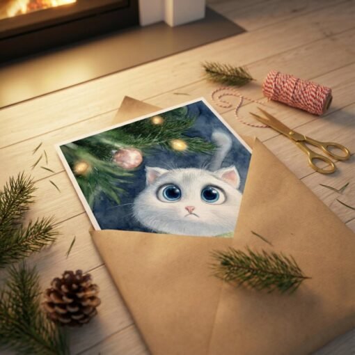 On this festive card, a white cat with eyes wide as Hogswatch plates lurks by a tree, semi-sheathed in envelope, fire aglow.