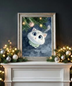 A wide-eyed white cat in an improbably green jumper gazes from its frame above a mantelpiece festooned with twinkly holiday bravado.