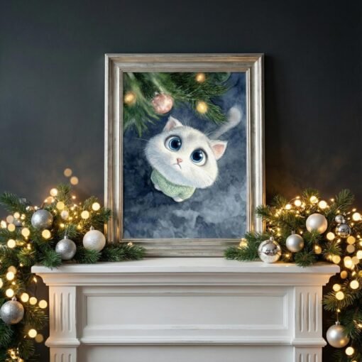 A wide-eyed white cat in an improbably green jumper gazes from its frame above a mantelpiece festooned with twinkly holiday bravado.