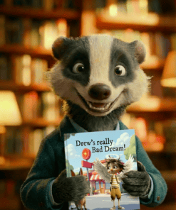 A cheerful badger in a shabby green coat grins in a cluttered library, clutching Drew's Really Bad Dream—winged child fretting.
