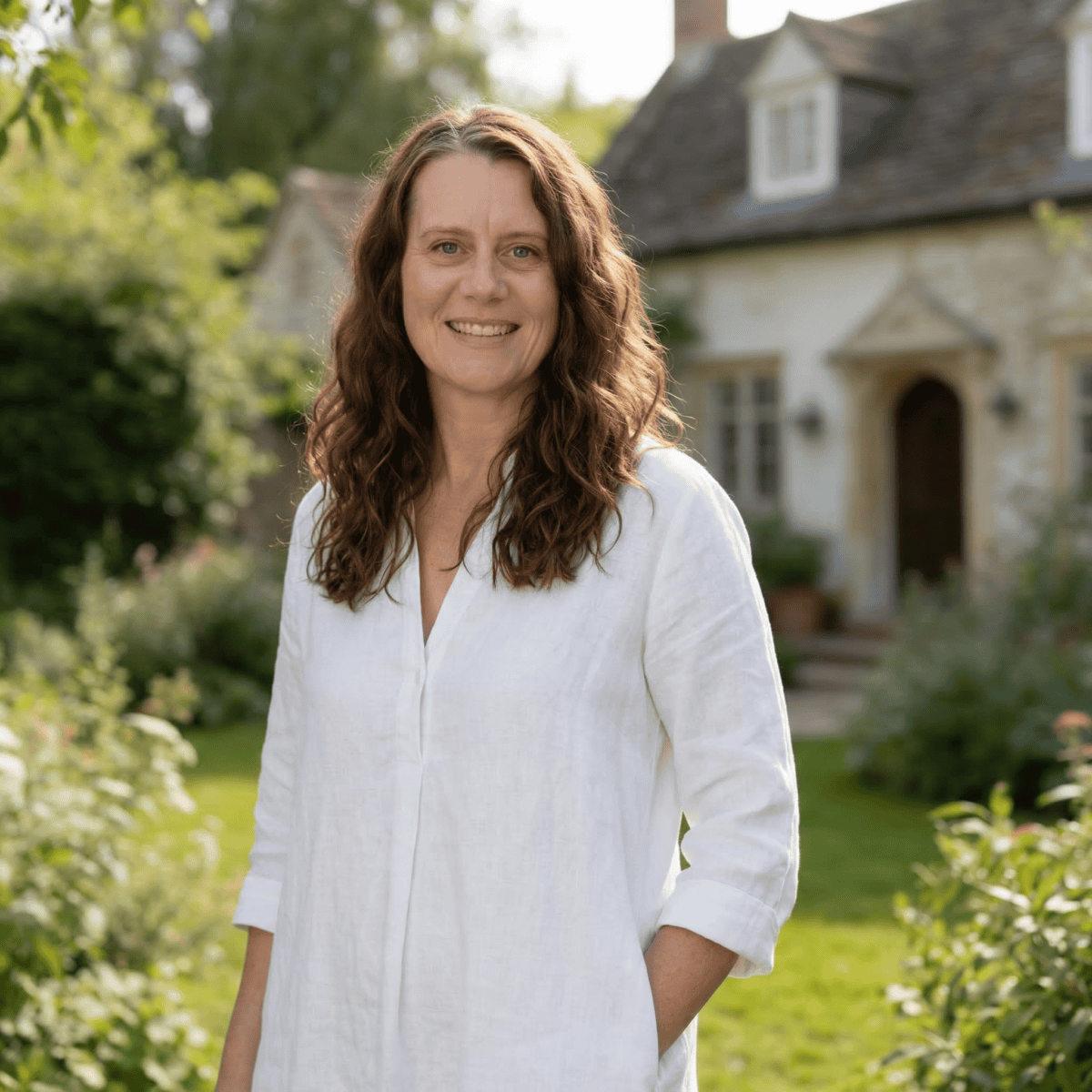 A woman with hair as curly as a wizard’s reasoning, grins in a garden; behind her lurks a house, smugly basking in sunlight.