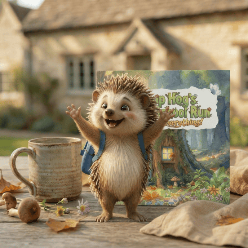 A jubilant hedgehog, rucksack in tow, stands aloft on a wooden table&mdash;arms uplifted amid mugs, books and autumn detritus.