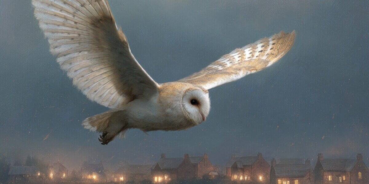 A barn owl, feathered in moonlit cream and toasty brown, soars above a sleepy village that glimmers beneath midnight clouds. Owls are amazing