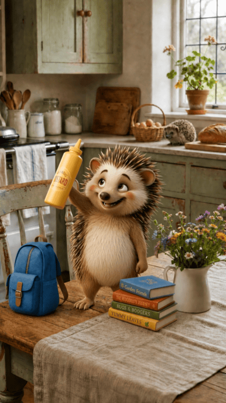 In a sun-dappled kitchen of improbable cosiness, a jaunty hedgehog triumphantly wields mustard amid books and wildflowers.