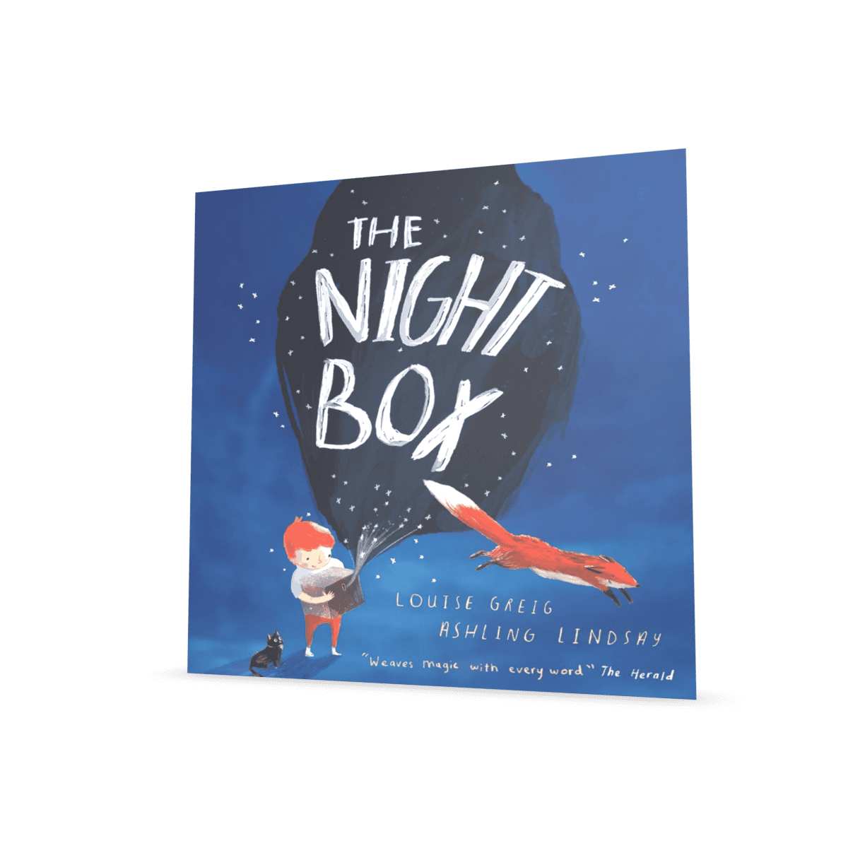 A child opens a box, out flows the night&mdash;stars tumbling everywhere&mdash;a fox leaps in attendance. Darkness cloaks it all.