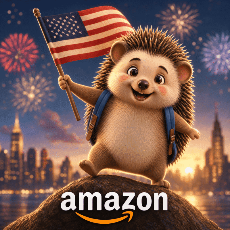 Perched atop a rather determined-looking rock, a smiling cartoon hedgehog&mdash;rucksack slung with the optimism of an explorer about to discover pre-packed sandwiches&mdash;waves a US flag as though bracing for bureaucracy or just celebrating something ineffable. Above, fireworks erupt with all the subtlety of Ankh-Morpork&rsquo;s Guild of Alchemists after lunch, illuminating the city skyline in reckless splendour. Below it all gleams the unmistakable Amazon logo, heralding Snoop Hog&rsquo;s triumphant foray onto Amazon KDP&mdash;a festival possibly only slightly less bureaucratic than an official bank holiday.