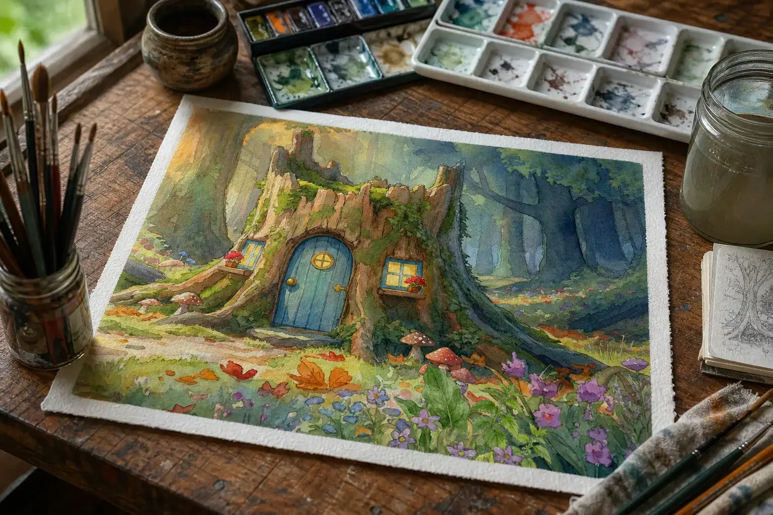 Upon a well-battered table, a cheerfully improbable tree stump house—blue door, mushrooms, and all—nudges shoulders with bristling brushes, palettes disguising chaos as art, one suspiciously murky jar, and the ever-hopeful sketchbook.