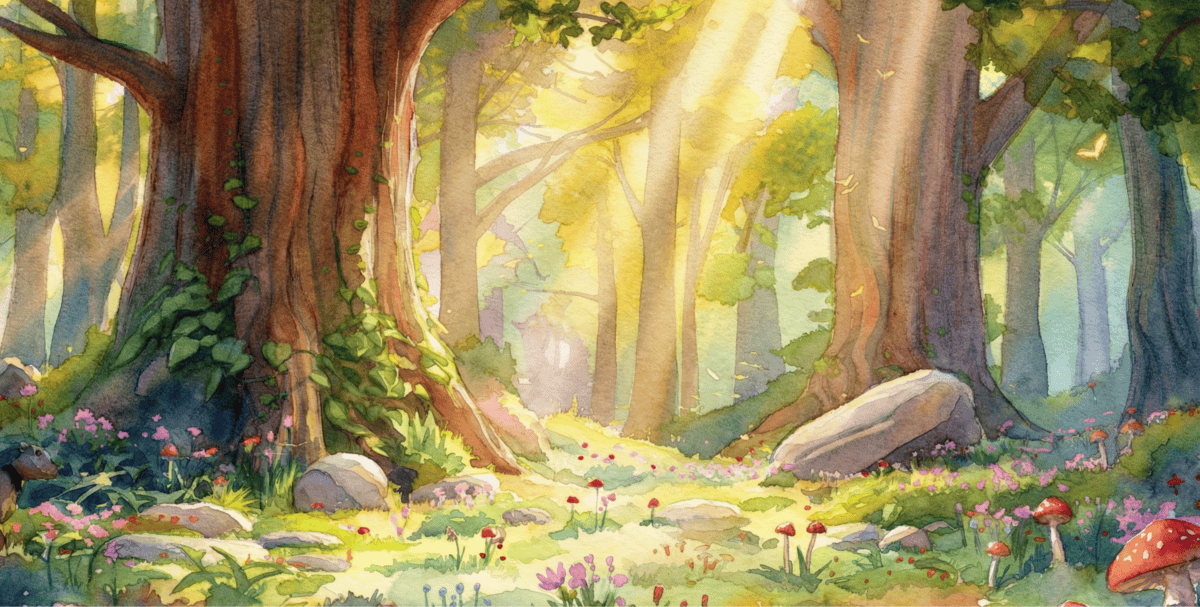 In sunlight, tall trees and smug rocks observe wildflowers plotting among magical mushrooms in a green, suspiciously serene wood.