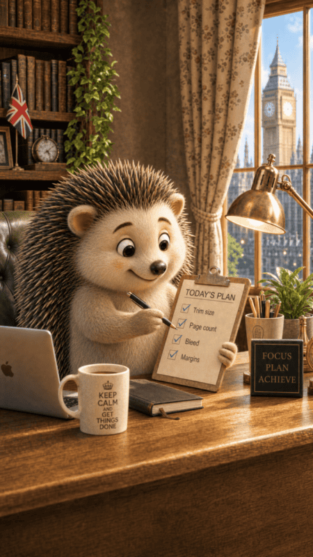 In the heart of a suspiciously tidy office, a hedgehog&mdash;the sort that wears ambition like spines&mdash;brandishes a clipboard inscribed &ldquo;Today&rsquo;s Plan,&rdquo; every task ticked off with the determined flourish one reserves for vanquishing arch-nemeses. Notably conquered: &ldquo;Distribution for Indie Authors.&rdquo; Propped up nearby are the talismans of bureaucratic sorcery&mdash;a battered diary, an obedient laptop humming quietly to itself, and a mug pleading for universal sanity with its &ldquo;Keep Calm&rdquo; entreaty (the mug being about as effective at this as most political treaties). Through the window looms Big Ben, standing guard over distant realms; books perch on shelves like conspiratorial familiars.