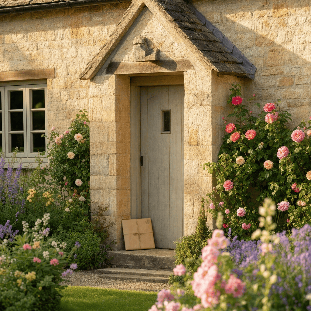 A sturdy wooden door, beset by enthusiastic roses, guards a mysterious square parcel amid riotous flowers and mischievous greenery.