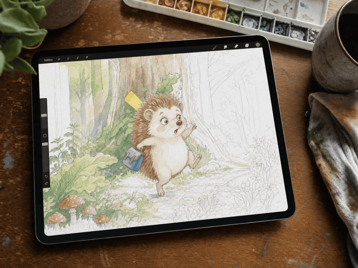 Displayed upon the magical glass rectangle known to mortals as a tablet is an illustration: a hedgehog of profound cuteness, burdened only with the heroic weight of a blue rucksack and the formidable splendour of a yellow spade. Said hedgehog, perhaps pondering life’s greater mysteries or simply its next meal, ambles down a root-tangled forest path punctuated by watchful ferns and fungi with suspicious agendas. Encircling this scene, objects most sacred to any creator—an unruly watercolour palette (bearing all the signs of creative chaos), a cup (ritually filled or emptied), and an often-besmirched cloth—compose the artistic battlefield where whimsy battles reality daily.