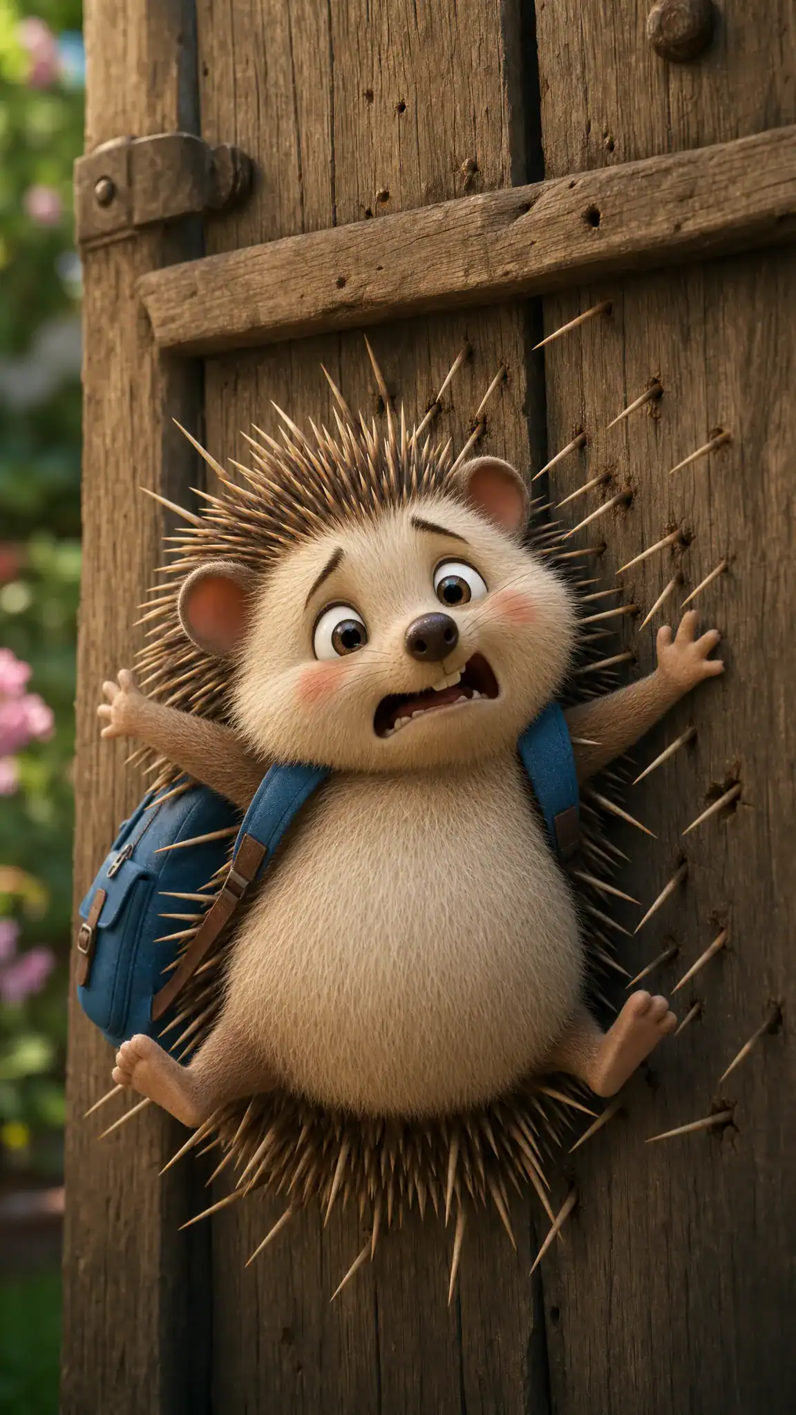 A startled hedgehog, blue rucksack askew, clings doorward by its own prickles—botanically marooned amid blurry pink flora.