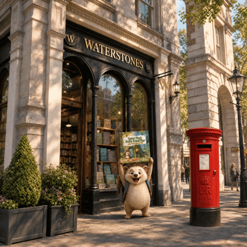 Outside Waterstones, a perky bear displays a foresty tale by a red postbox&mdash;sunshine catching trees and dignified stones.