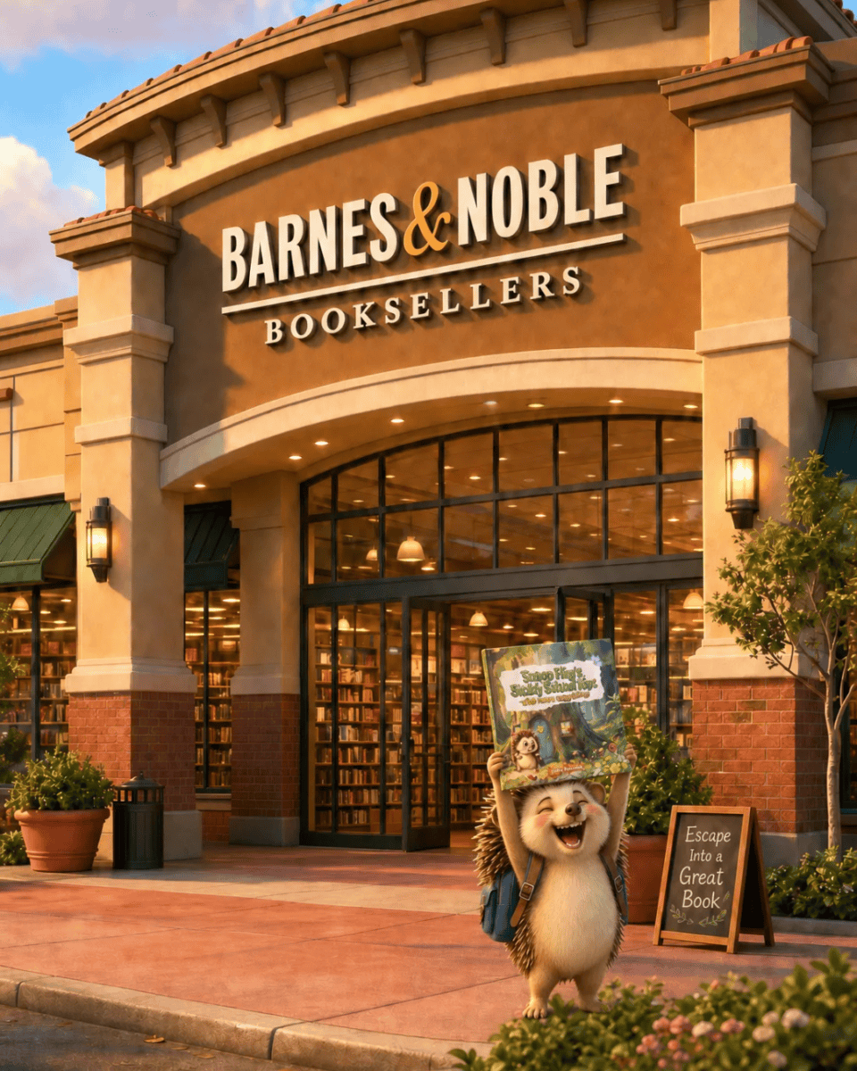 A grinning cartoon hedgehog, plush and book in paw, awaits fate outside Barnes & Noble’s lair of vast windows and green canopies.
