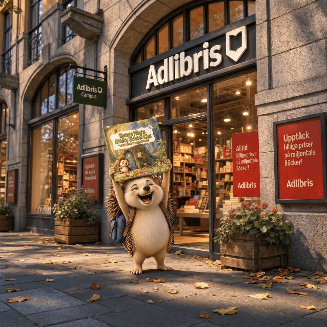 A jaunty cartoon hedgehog, book aloft like prophecy, stands by Adlibris—a shop adorned with glass doors, plants, and rogue leaves.