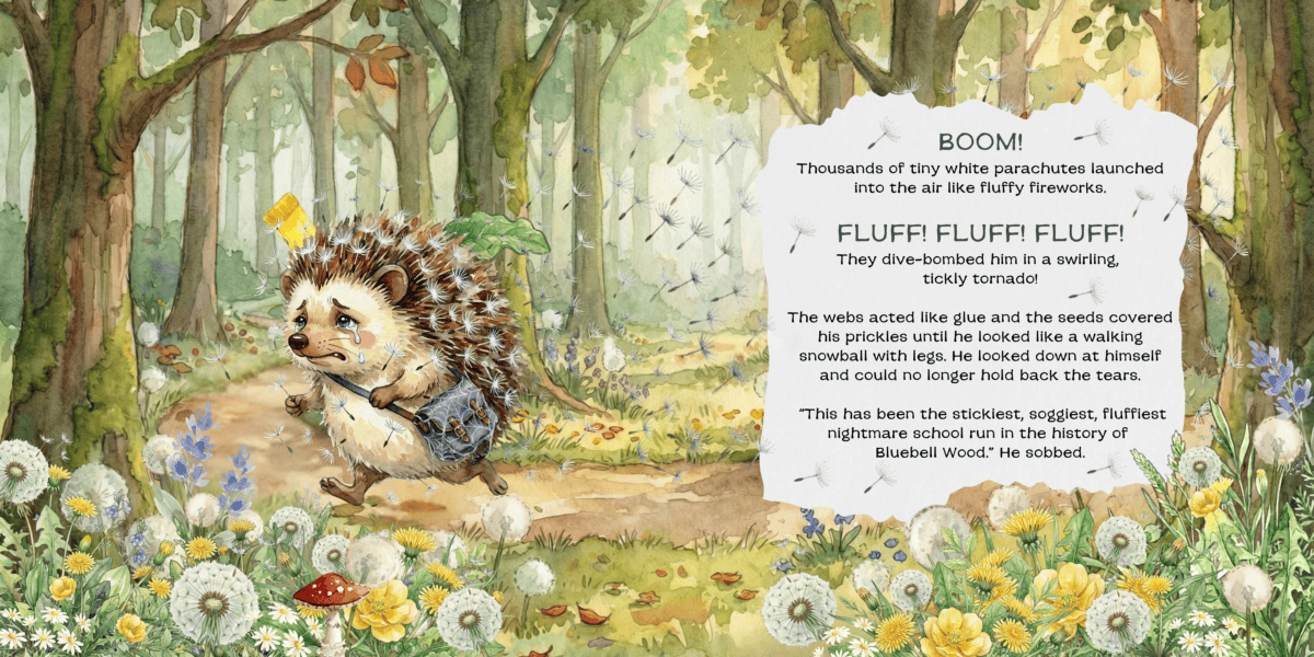 A glum hedgehog trudges a sunlit woodland lane, cloaked in dandelion fluff—rather like a disgruntled snowball gone ambling.