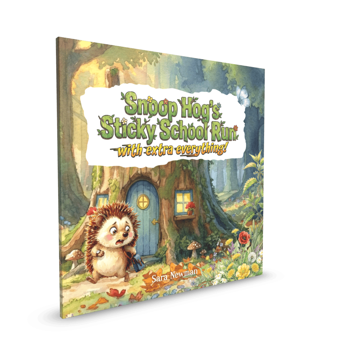 “Snoop Hog’s Sticky School Run: with extra everything!”—a hedgehog, apple in paw, before a treehouse amidst riotous forest chaos.