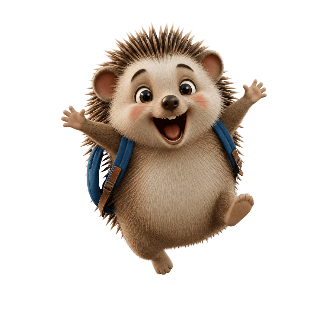 A jubilant hedgehog, sporting a blue rucksack and optimism, leaps skyward—spines softened, cheeks aglow with improbable glee.