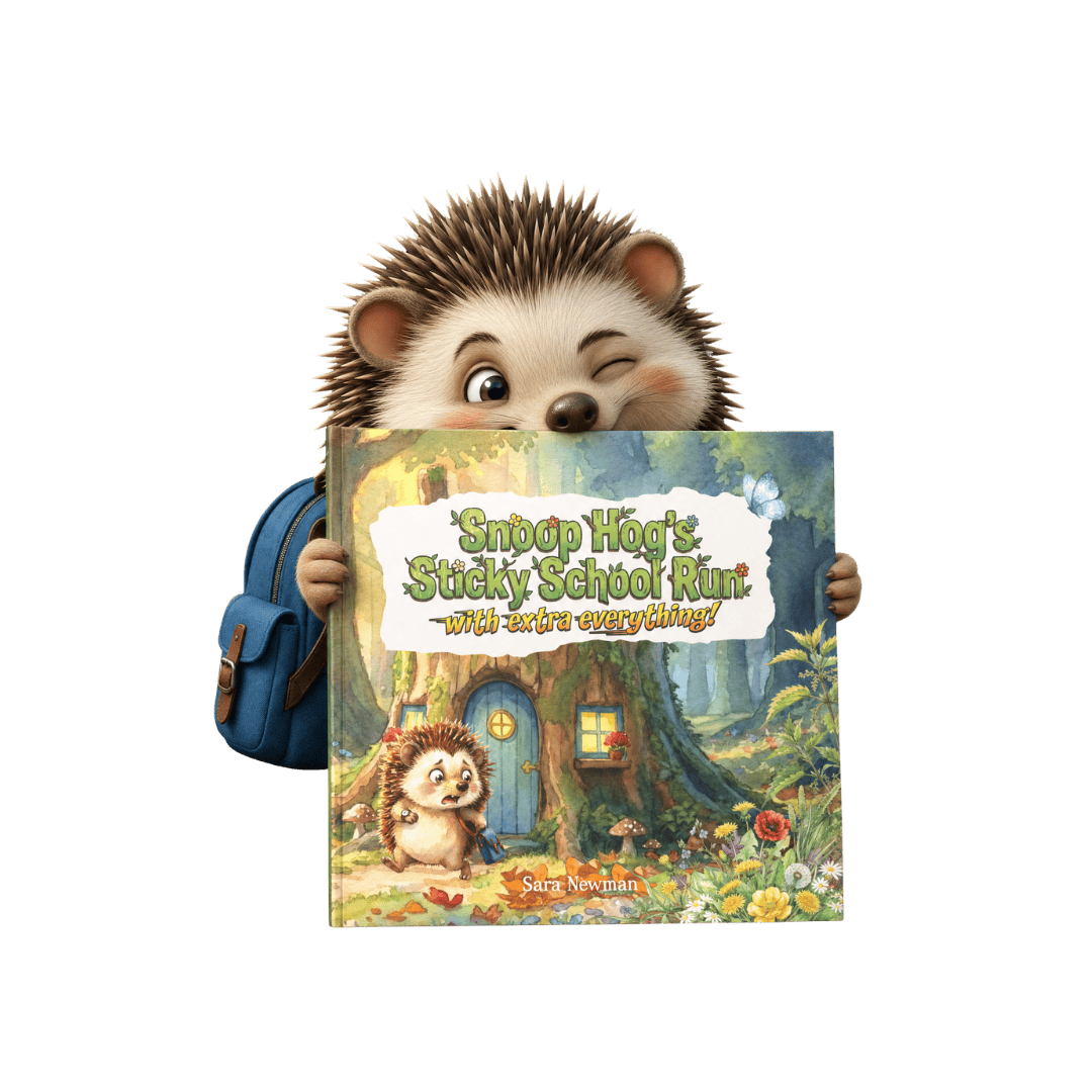 A cheeky cartoon hedgehog, bedecked in a blue rucksack, winks and grins with a book: Snugg Hop’s Sticky School Run—extra chaos included!.