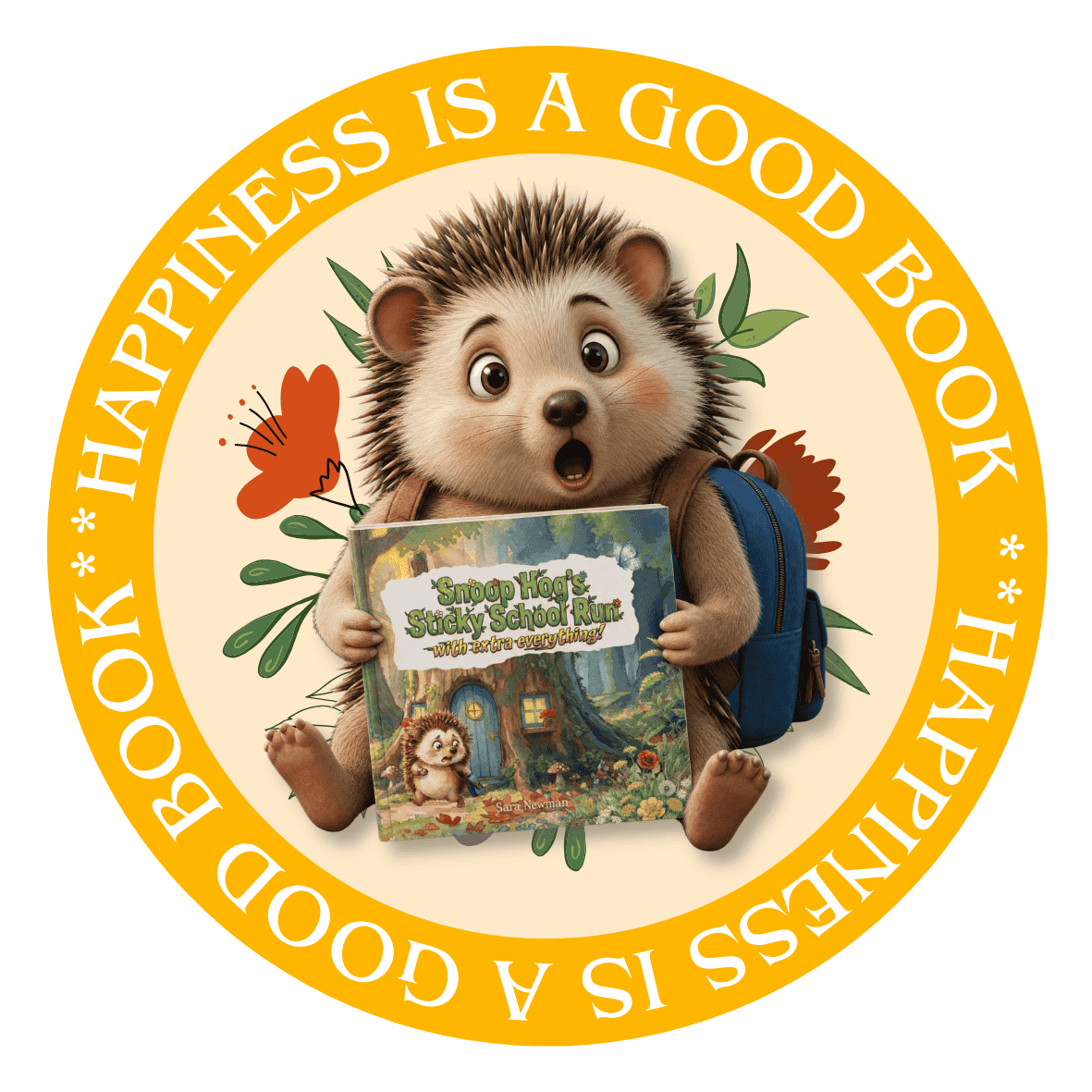 A beaming hedgehog—rucksack slung, book in paw—looming before lush leaves, ringed by orange declaring: “Happiness is a good book.”.