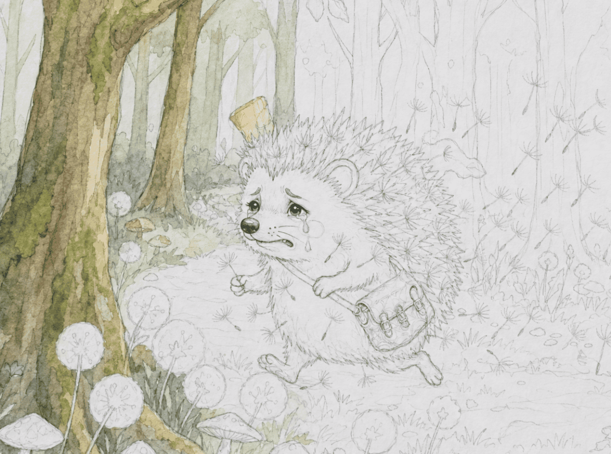 A mournful hedgehog, eyes brimming with the sort of tears that only sticky situations—and possibly onions—can provoke, stumps determinedly through an ambiguously sketched forest. Slung over its prickly shoulder is a satchel bulging with secrets or sandwiches (the image leaves it tastefully unclear), and atop its head perches a small yellow hat exuding optimism entirely at odds with hedgehog protocol. The world around them is rendered in the hesitant greys of half-remembered fables, except for our quilled protagonist and a conspiratorial nearby tree, both sporting vibrant colour as if someone had handed them a paintbrush and told them to get on with it.
