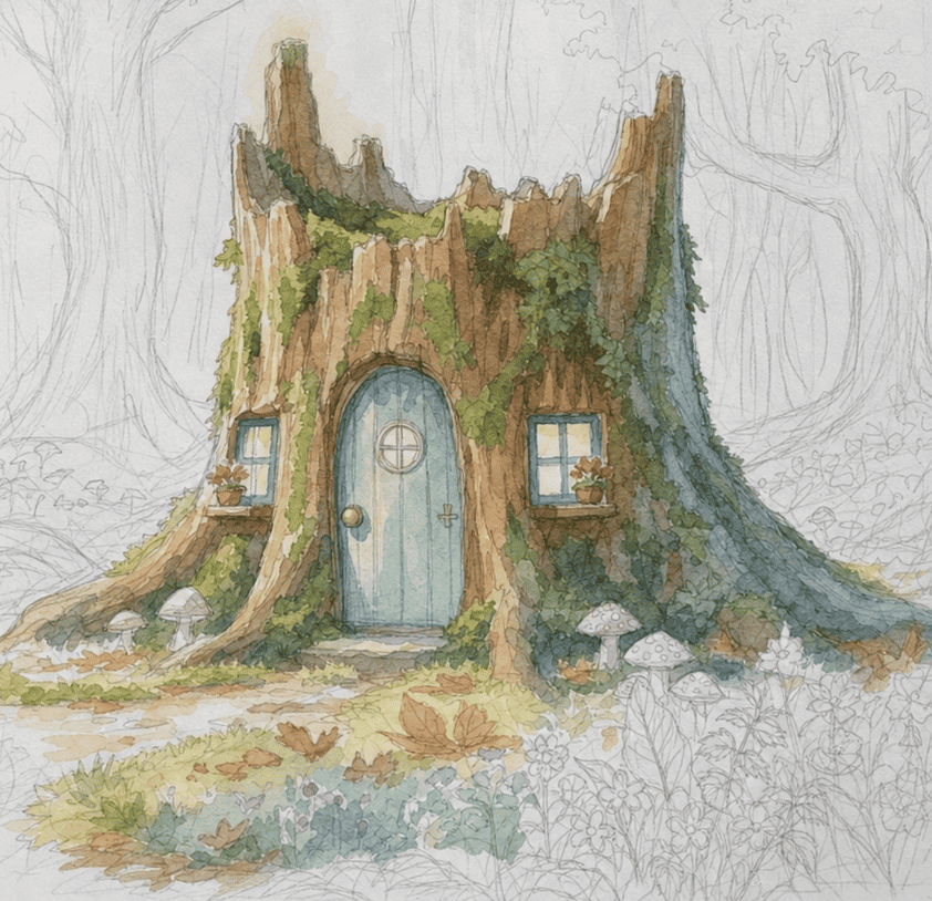 Imagine, if you will, a tree stump with rather grand aspirations—a blue door set jauntily in its gnarled side and two windows peering out like spectacles, their sills bravely bearing riots of blooms. Moss blankets the roof like a well-worn hat that refuses to be retired. All around, mushrooms vie for attention alongside ambitious plants and leaves performing their best ‘nature’ act. They muddle together into the sort of softly-sketched forest background that makes watercolour paint blush with pride.