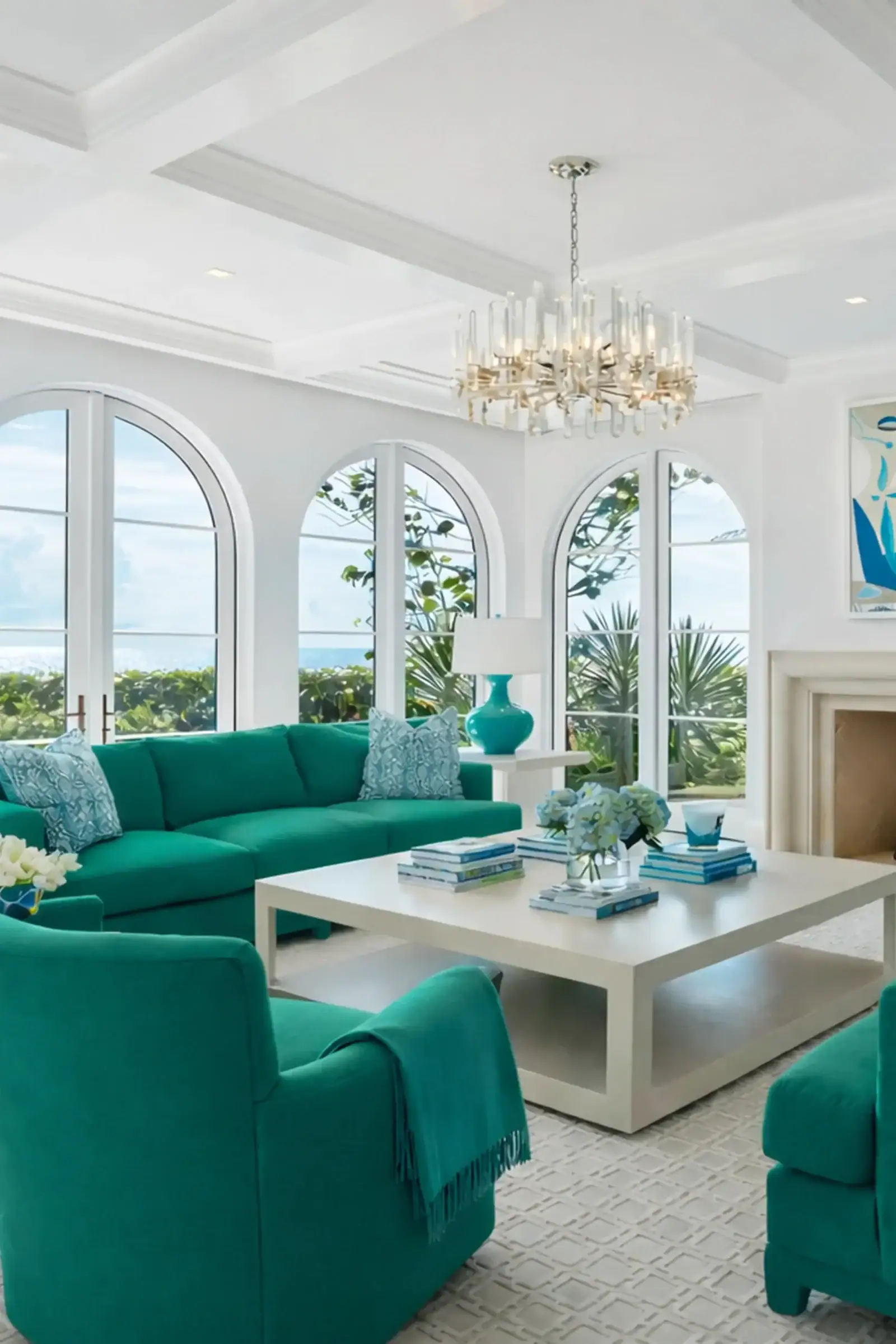 Bright living room with turquoise sofas and ocean view through large arched windows.