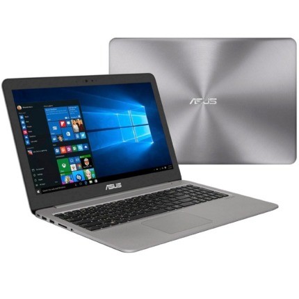 Ordinateur portable ASUS gris avec écran sous Windows 10, vue de face et arrière.