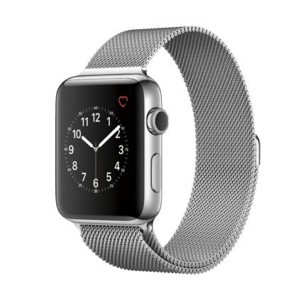 Apple Watch en acier inoxydable avec bracelet milanais en métal.