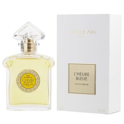 Parfum Guerlain L’Heure Bleue en flacon élégant avec boîte blanche sophistiquée.