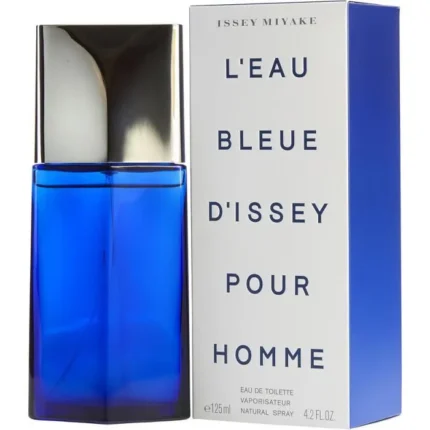 Eau de toilette L'Eau Bleue d'Issey pour homme, flacon bleu et boîte élégante.