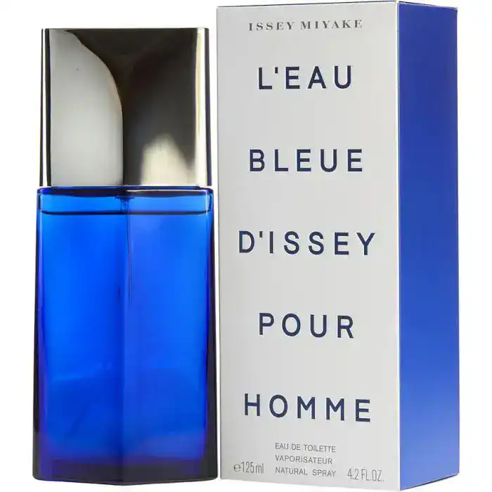 eaubleue Eau de toilette L'Eau Bleue d'Issey pour homme, flacon bleu et boîte élégante.