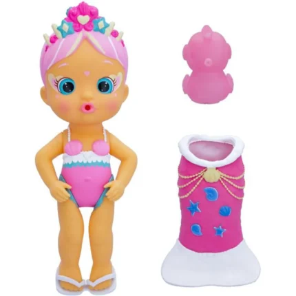 - Jouet poupée enfant avec accessoires de plage et costume de sirène rose.
