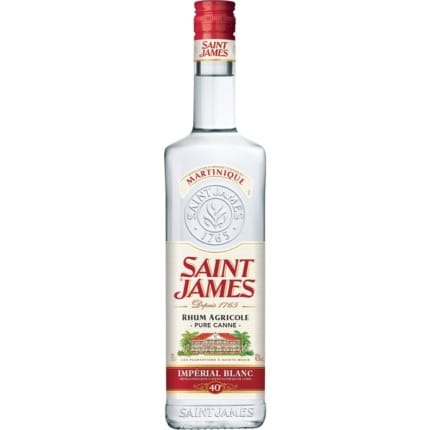 Rhum Saint James blanc en bouteille de 70 cl, spiritueux agricole de Martinique, parfait pour cocktails.