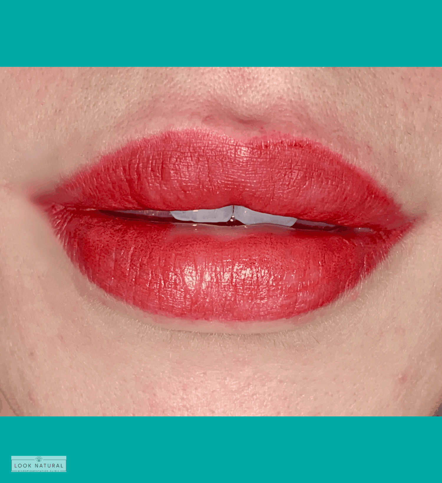 Semi-permanent lip color with bright red pigment and defined lip shape