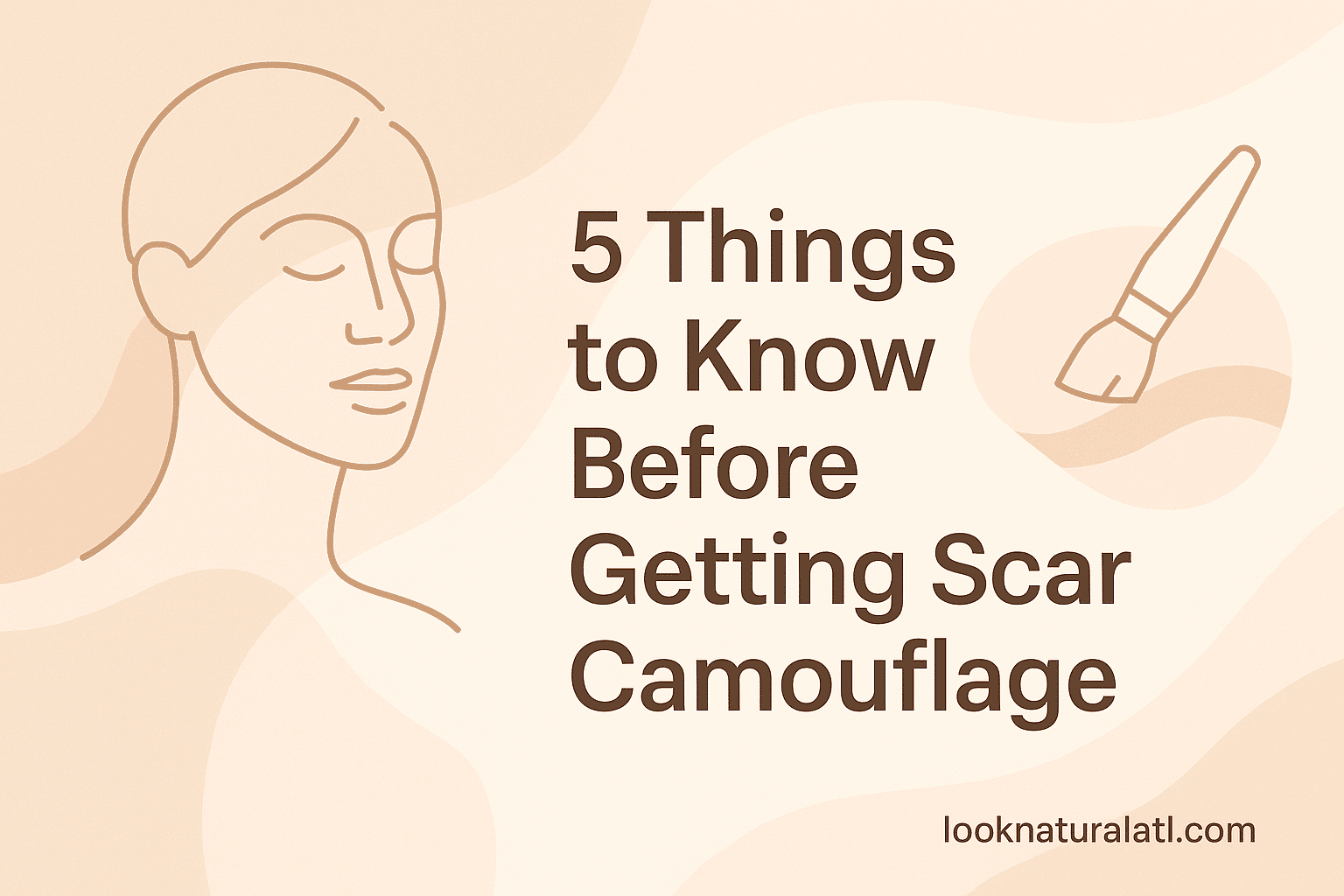 Flat design featured image for blog article '5 Things to Know Before Getting Scar Camouflage' showing elegant skin care and scar camouflage elements, with text overlay and Look Natural Micropigment Clinic branding.