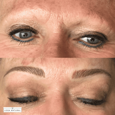 Before and after close-up: top image shows thin, sparse eyebrows with light eye makeup; bottom image shows fuller, well-defined brows after grooming or microblading, with similar eye makeup.