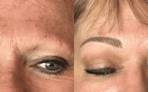 Before-and-after close-up of a woman's eyes: left natural sparse brows, right with fuller, tattooed brows and eyes closed.