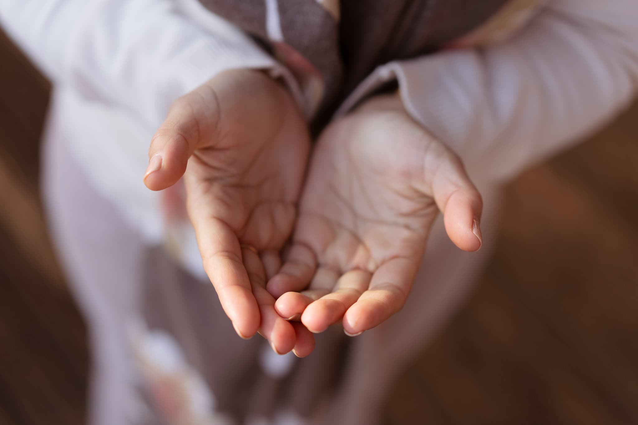 Eleonora Chessa's open hands, a gesture of offering, in soft light.