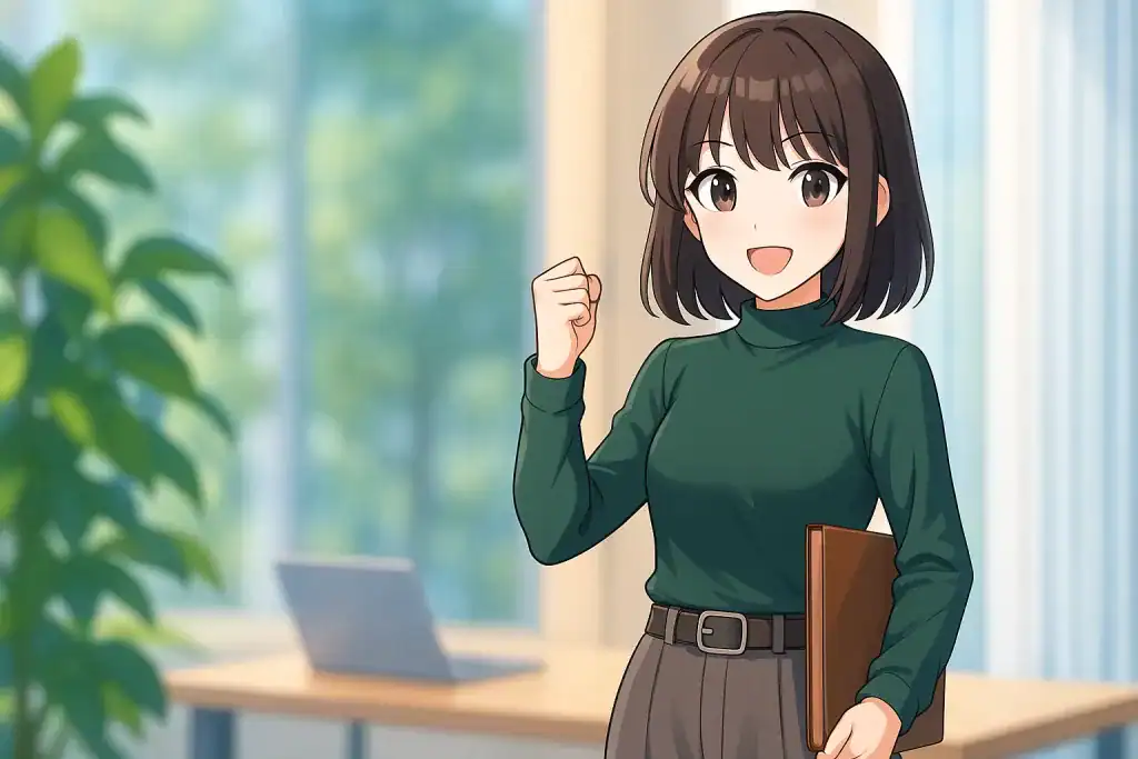 Anime girl holding a folder and pointing.