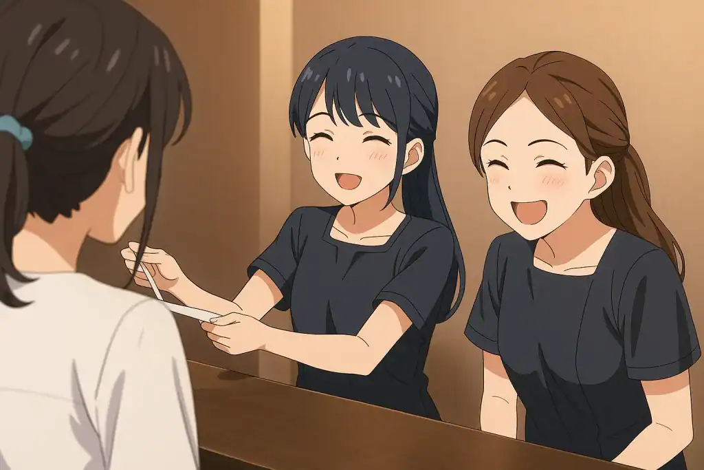 Three women are standing at a counter and one is holding a piece of paper.