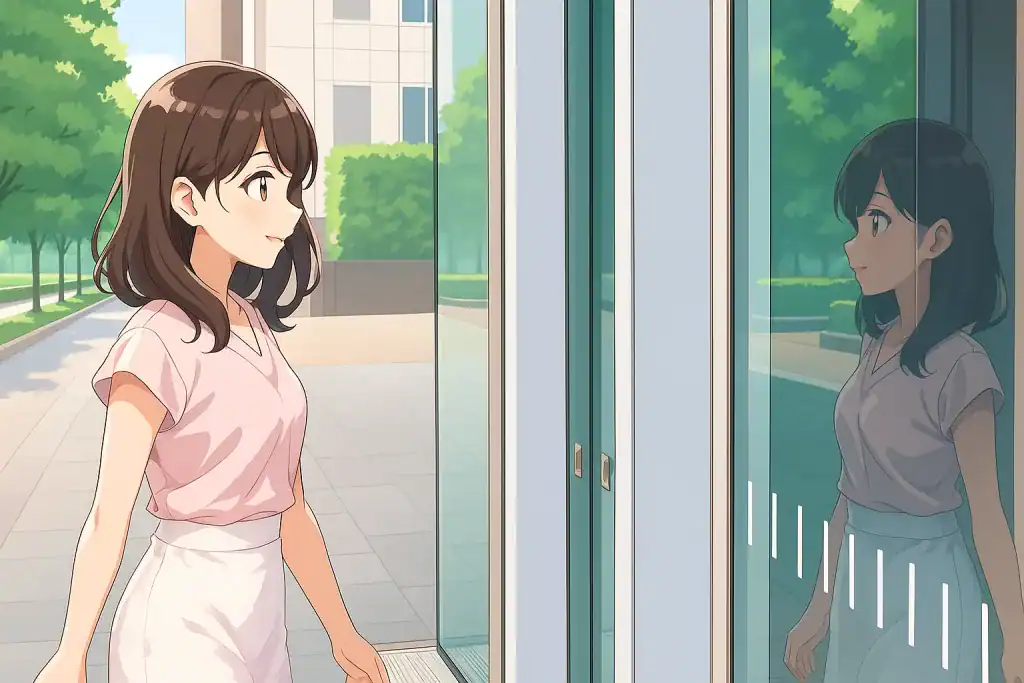 Anime girl looking out the window at a building.