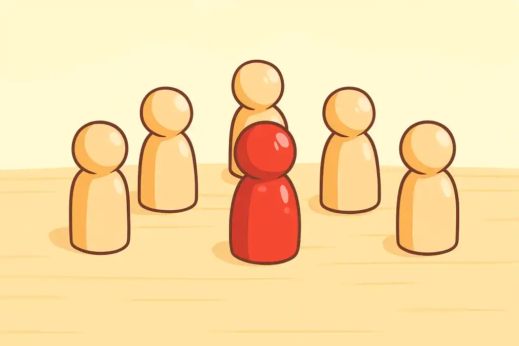 A red person standing out in a group of people.