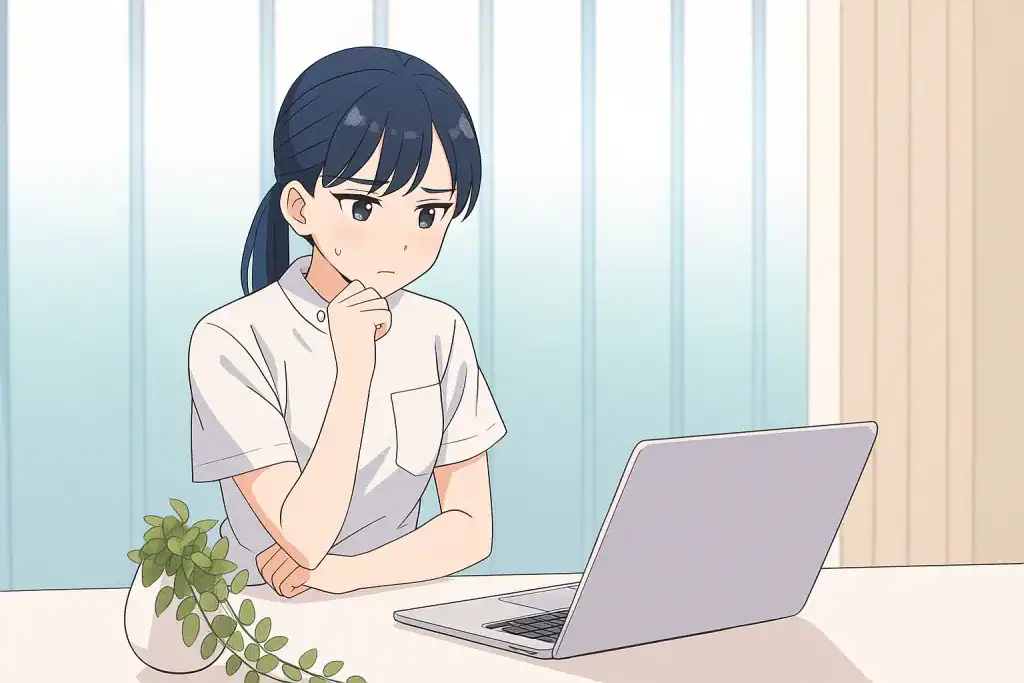 Anime girl sitting at a desk with a laptop.