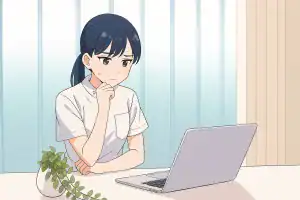 Anime girl sitting at a desk with a laptop.