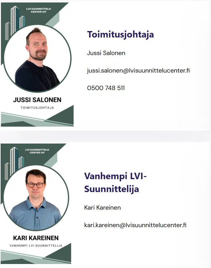 LVI-suunnittelun ammattilaiset esittäytyvät yrityksen verkkosivulla.
