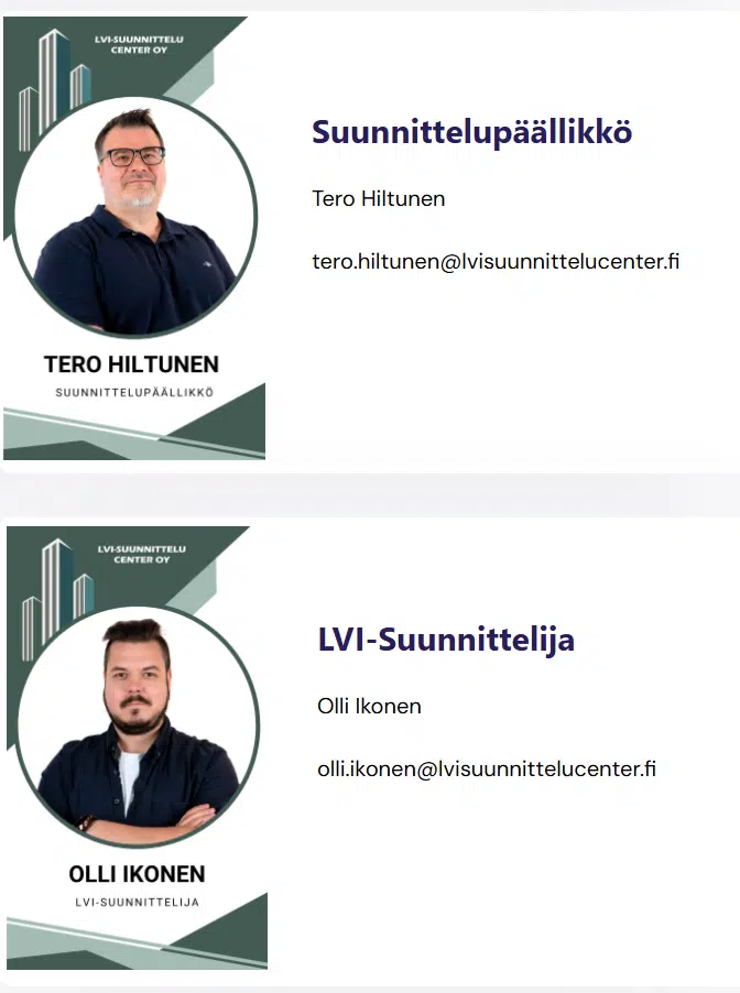 LVI-Suunnittelu Centerin suunnittelijat esittelykuvat, Tero Hiltunen ja Olli Ikonen.