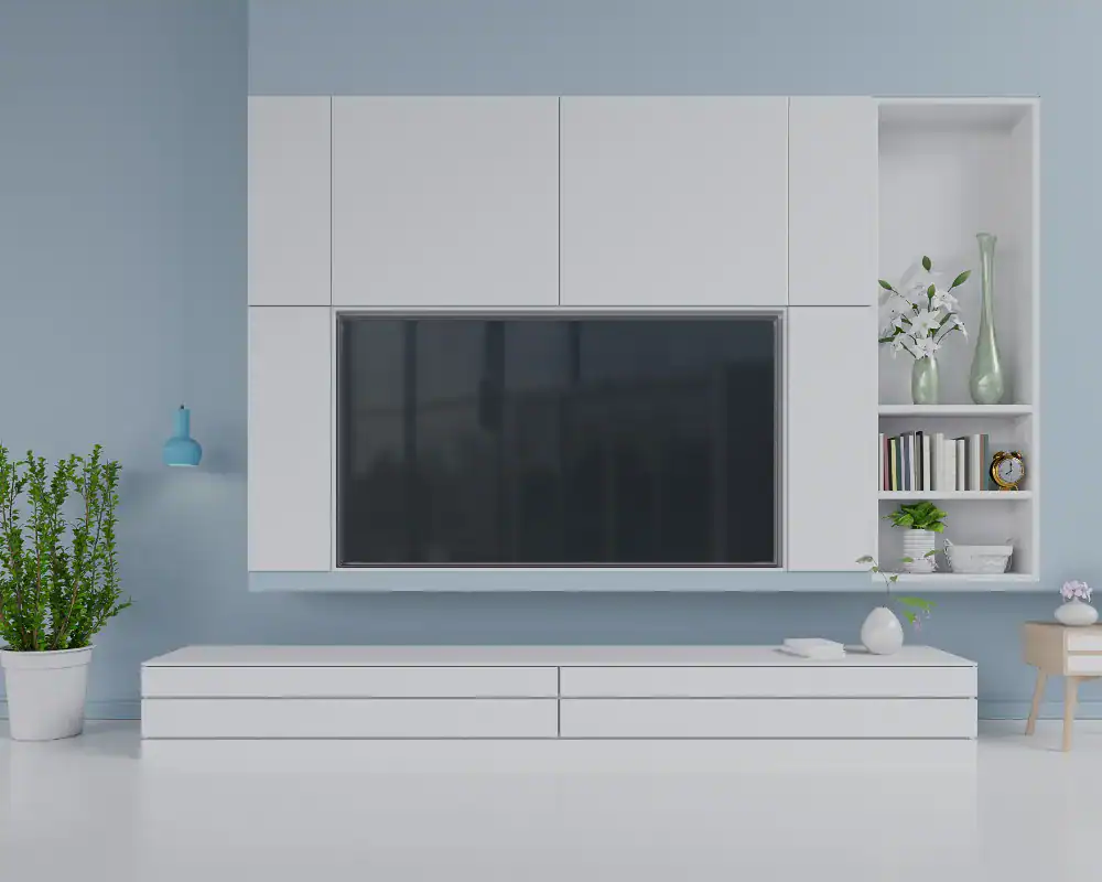 Contemporary custom-made white TV unit with storage and shelving for modern interior design.