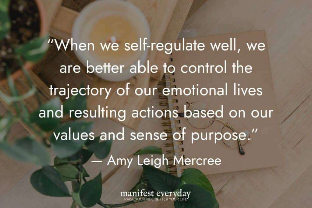 journal, glasses, candle and plant in a brightly lit room with quote text that reads “When we self-regulate well, we are better able to control the trajectory of our emotional lives and resulting actions based on our values and sense of purpose.” - Amy Leigh Mercree manifesteveryday.com