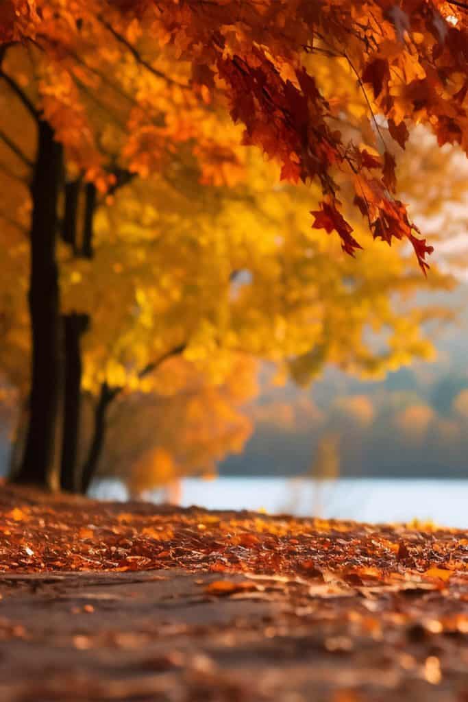 Beautiful autumn landscape with. Colorful foliage in the park. Falling leaves and lake in background